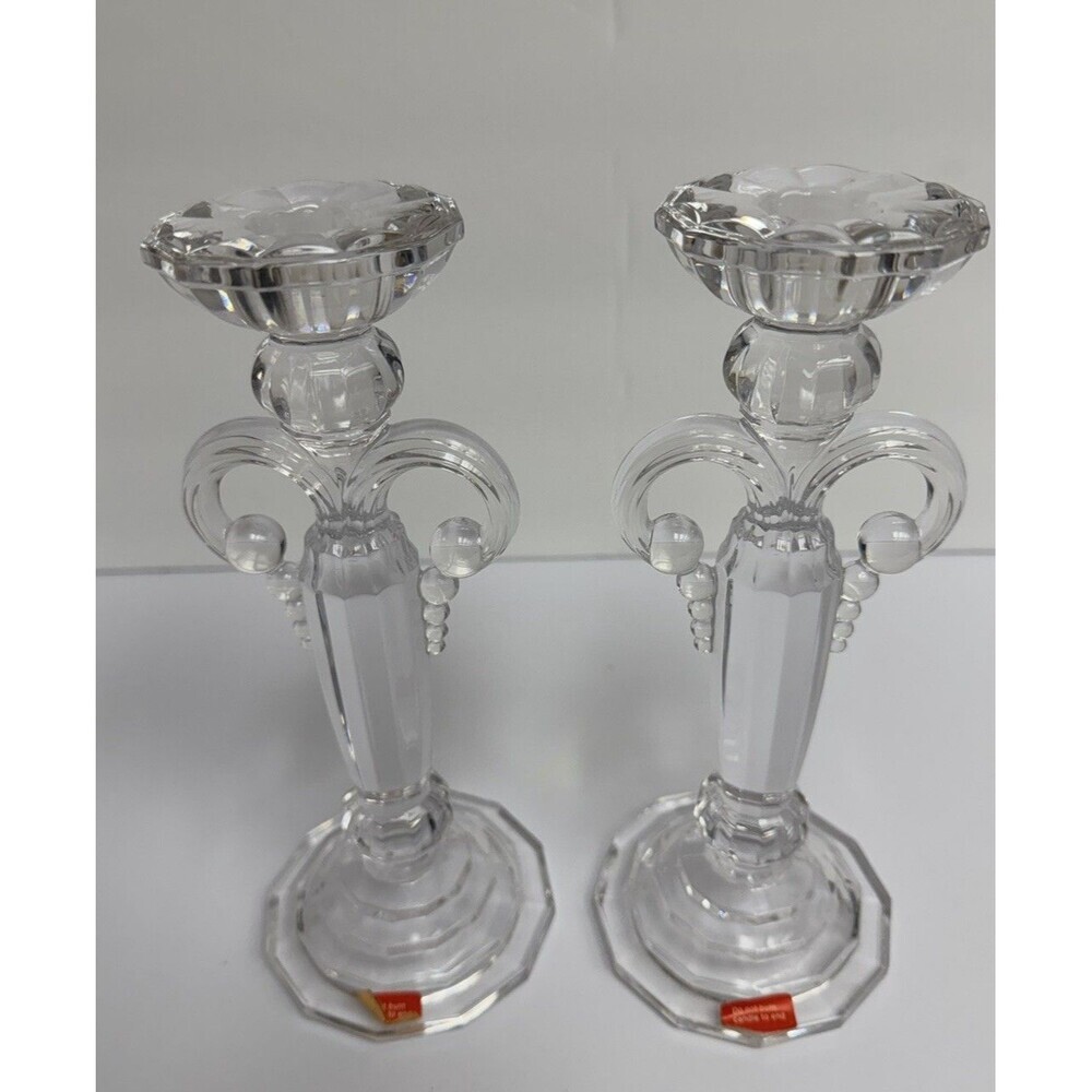 Duncan & Miller Austrian Crystal Candlestick Holders Art Deco Fleur-de-lis Pair